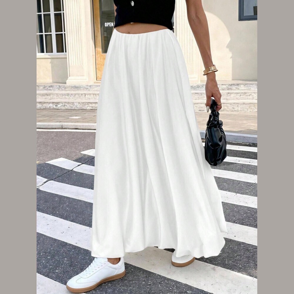 White Flowy A-Line Asymmetric Maxi Skirt with Elastic Waist
